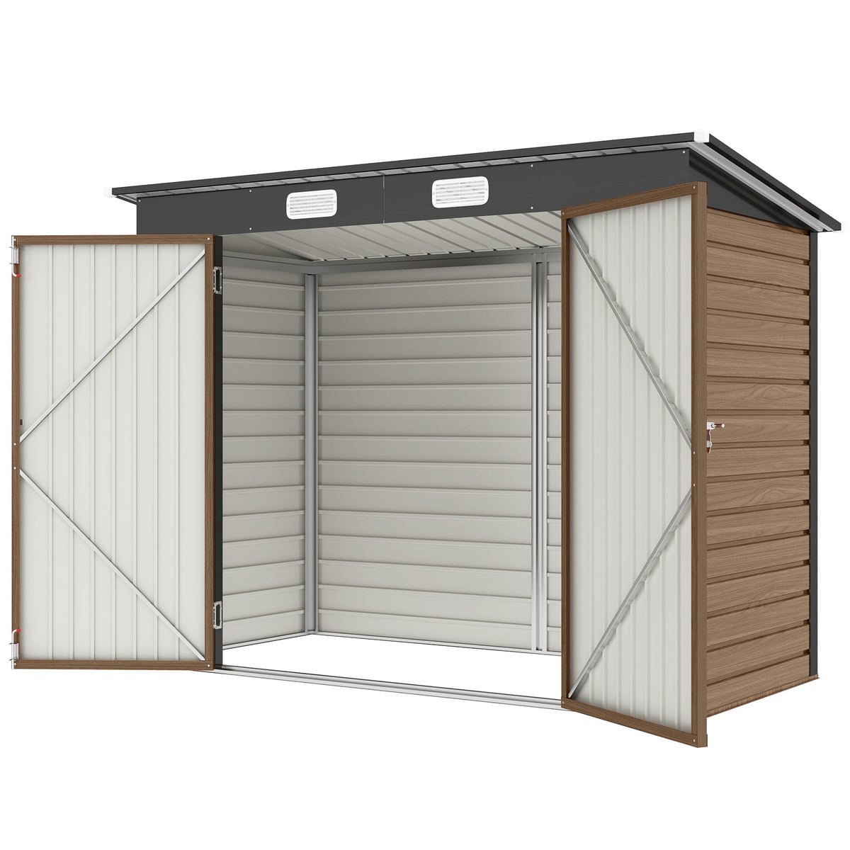 8 x 4FT Galvanized Garden Storage Shed, Metal Outdoor Shed with Double Doors and 2 Vents, Oak