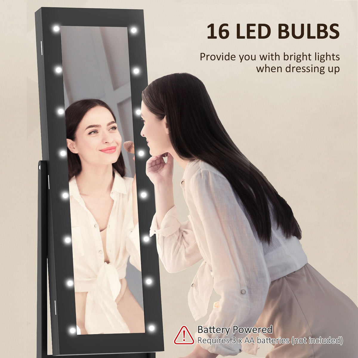 Free Standing Armoire Organizer, Lighted Mirrored Jewelry Cabinet w/ Angle Adjustable & 16 LED Lights Warm White