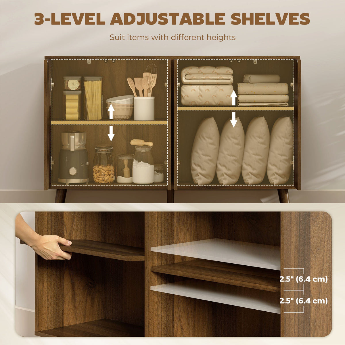 Buffet Cabinet with Storage Modern Fluted Sideboard with Adjustable Shelves Wood Legs for Dining Room Living Room Oak