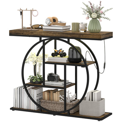 4-Tier Entryway Table with Charging Station LED Lights 39" Console Table with Circle Base for Living Room, Rustic Brown