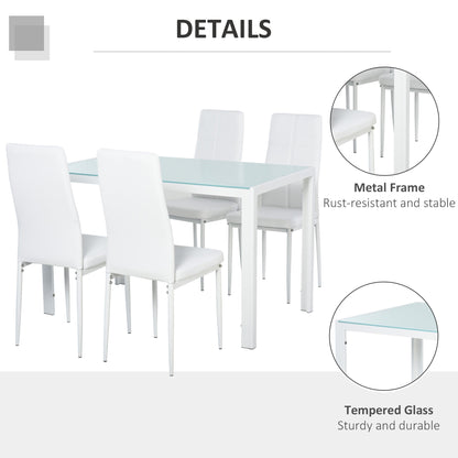 5-Piece Rectangular Glass Kitchen Table and Chairs with Metal Frame and Faux Leather Upholstery for Dining Room, Black
