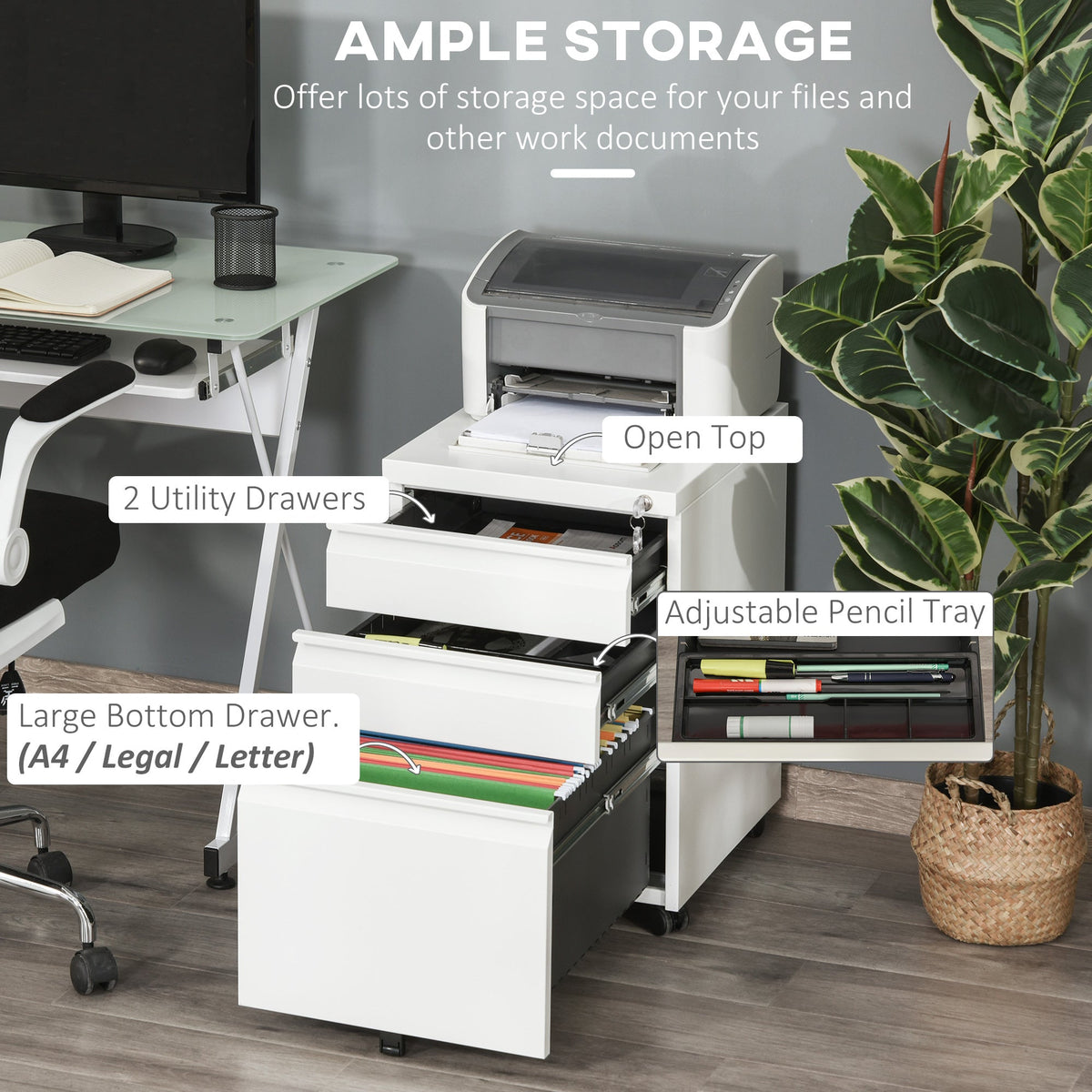 3 Drawer Filing Cabinet, Lockable Office Storage Cabinet on Wheels for Legal, Letter, A4 Files, Black