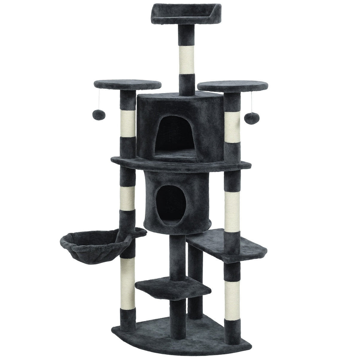 62" Cat Tree with Scratching Post, 2 Condos, Hammock, Perches, Plush, Pompoms, for Indoor Cats, Beige