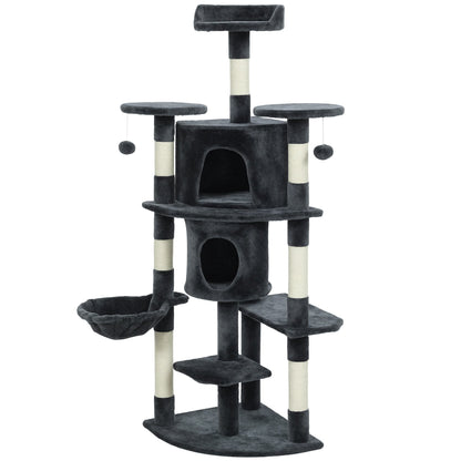 62" Cat Tree with Scratching Post, 2 Condos, Hammock, Perches, Plush, Pompoms, for Indoor Cats, Beige