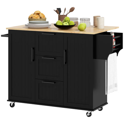 Rolling Kitchen Cart on Wheels with Drop Leaf, Kitchen Island with 3 Drawers, Solid Wood Top and Towel Rack, White