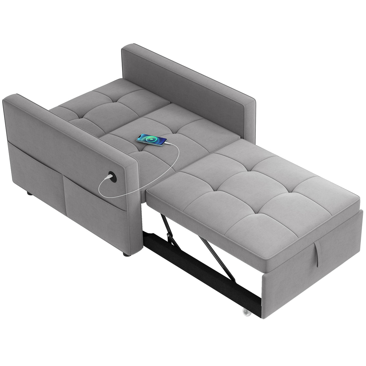 Convertible Chair Bed, Pull Out Sleeper Chair with USB, Adjustable Backrest, Small Velvet Futon Sofa Bed, Cream White