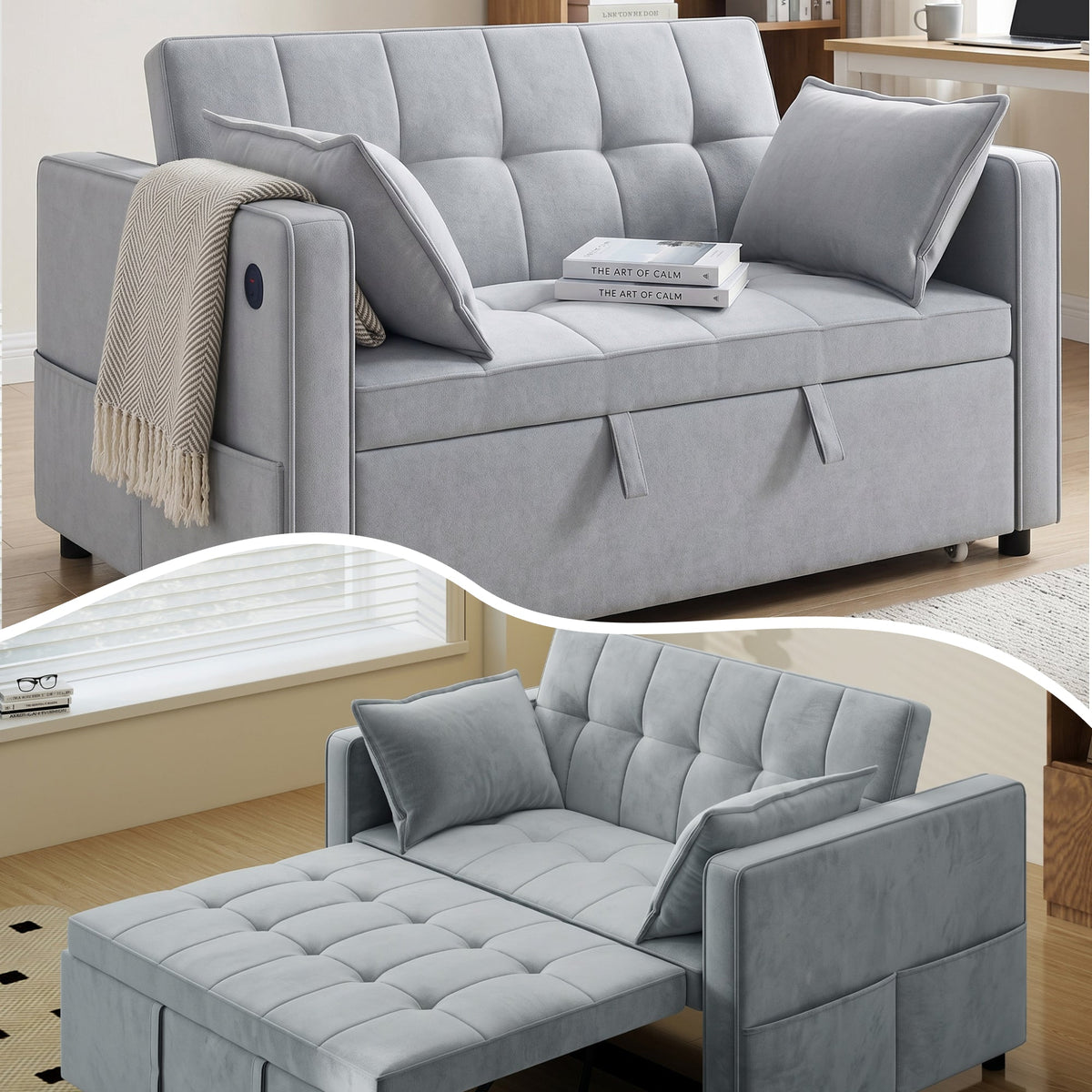 3‑in‑1 Convertible Sofa Bed, Pull Out Sleeper Sofa with USB Charging, Adjustable Backrest, Side Pockets, Beige