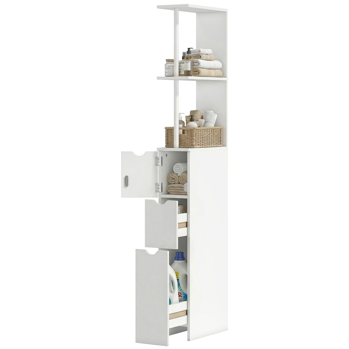 Tall Bathroom Storage Cabinet, Narrow Bathroom Cabinet with Drawers and Open Shelves for Small Spaces, White and Grey