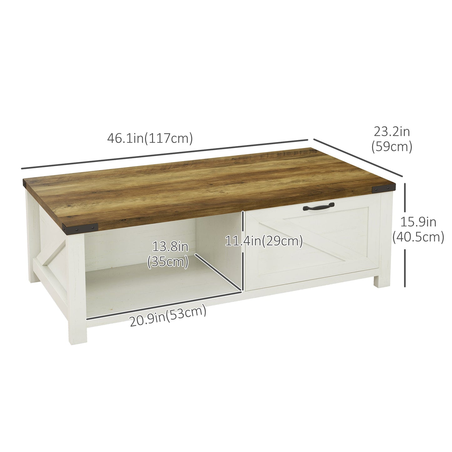 Lowen Farmhouse Coffee Table with Drawer and Open Storage Shelf-Brown