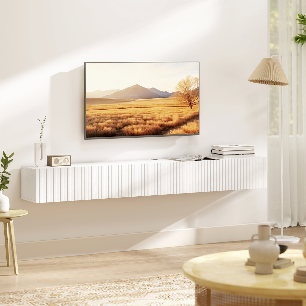 Jesse 71" Floating TV Stand with 2 Fluted Flip-Down Doors for TVs up to 75"-White