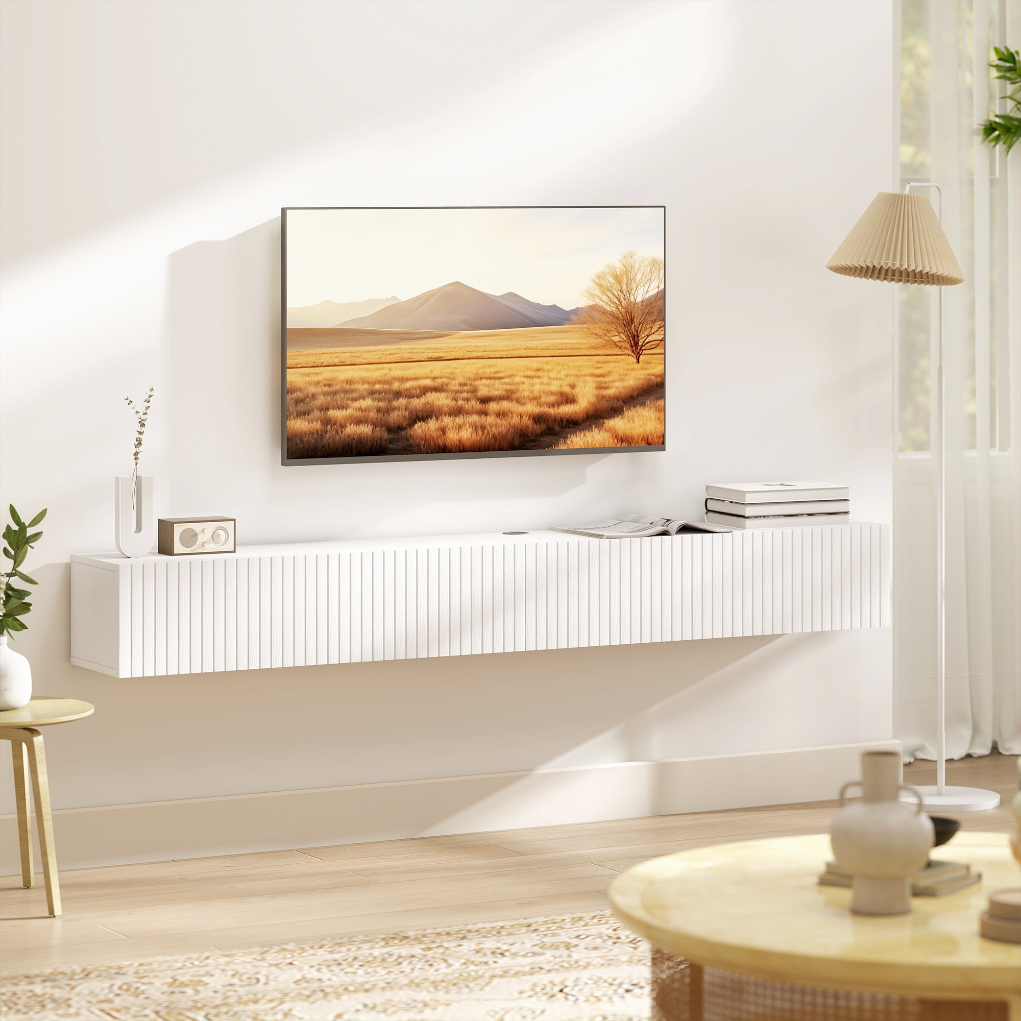 Jesse 71" Floating TV Stand with 2 Fluted Flip-Down Doors for TVs up to 75"-White