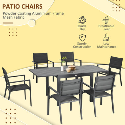 Patio Dining Set for 6, Aluminum Expandable Outdoor Table and 6 Stackable Chairs with Padded Back, Mesh Seat, Black