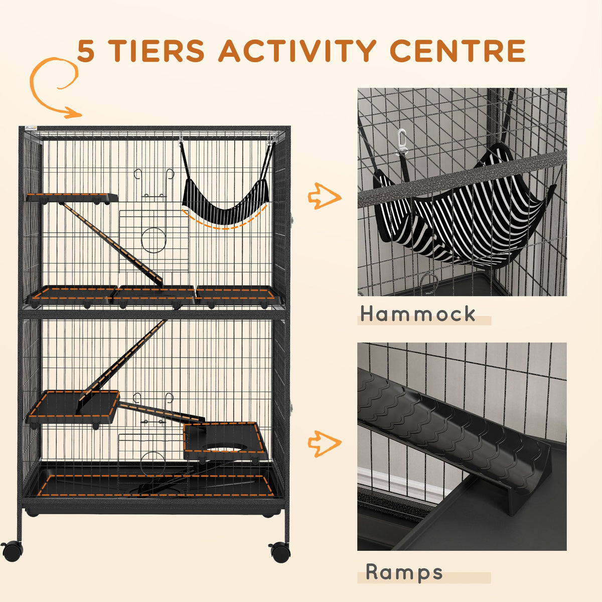 5-Tier Rolling Small Animal Cage, Deluxe Guinea Pig Cage, Ferret Cage for Mink Chinchilla Kitten Rabbit, Grey