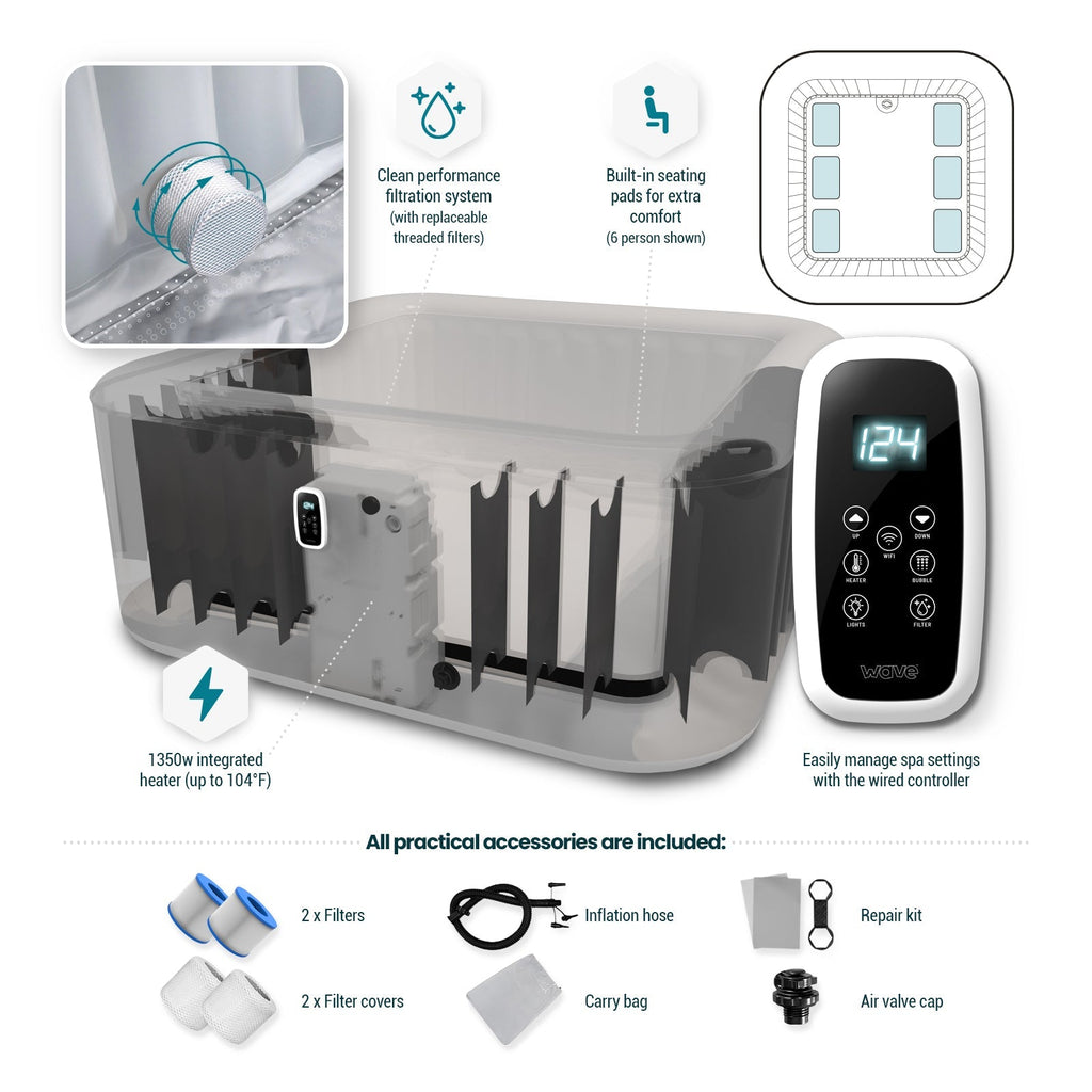 Wave | Pacific | 4/6-Person Inflatable Hot Tub | Square | Integrated Heater