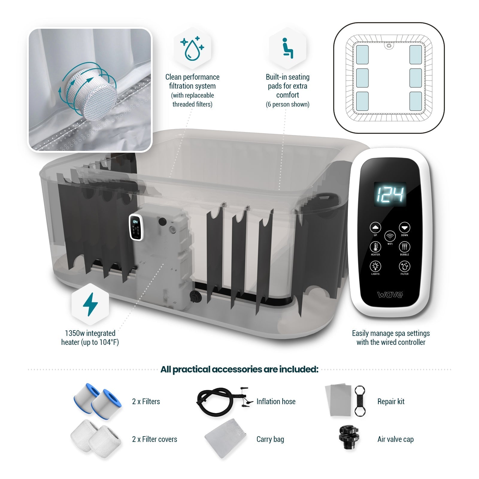 Wave | Pacific | 4/6-Person Inflatable Hot Tub | Square | Integrated Heater