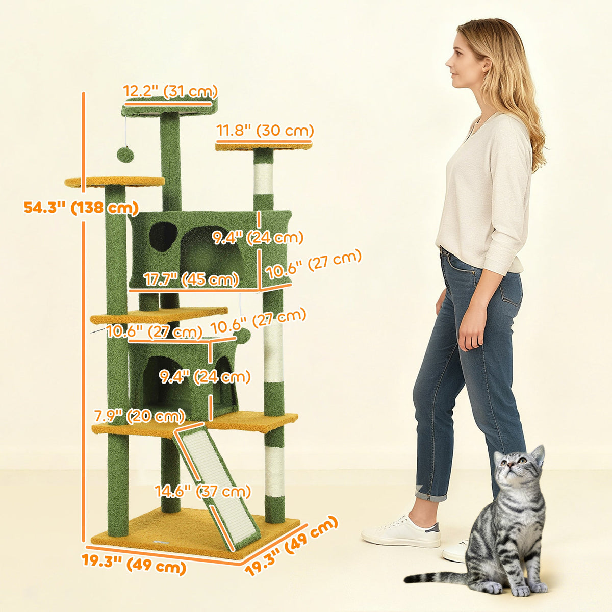 54" Cat Tree, Multi-Level Cat Tower with Scratching Posts, Cat Condos, Bed, Platforms, Ramp, Toy Ball, Beige