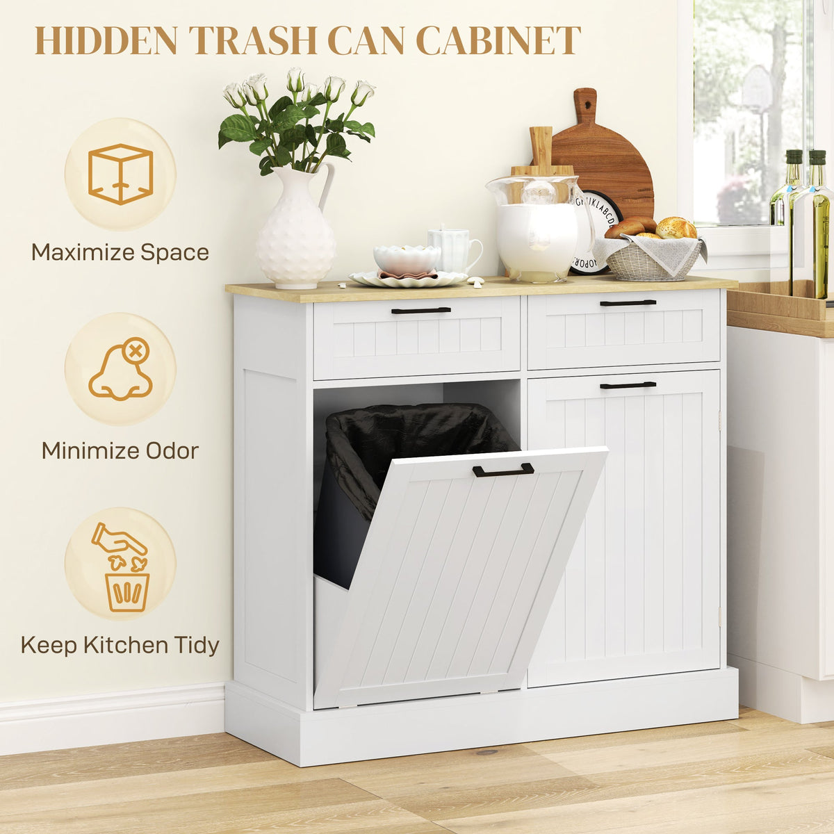 Hidden Garbage Bin Cabinet, Tilt Out Trash Cabinet w/ 2 Drawers, Freestanding Kitchen Island for Laundry, Black