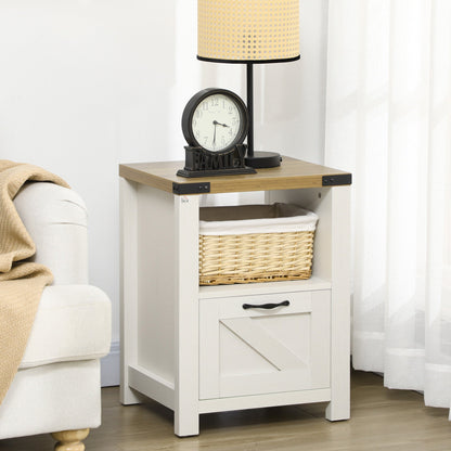 Side Table with Storage, Farmhouse End Table with Drawer, Open Shelf and Barn-style Panel, Nightstand for Living Room, Bedroom, Oak