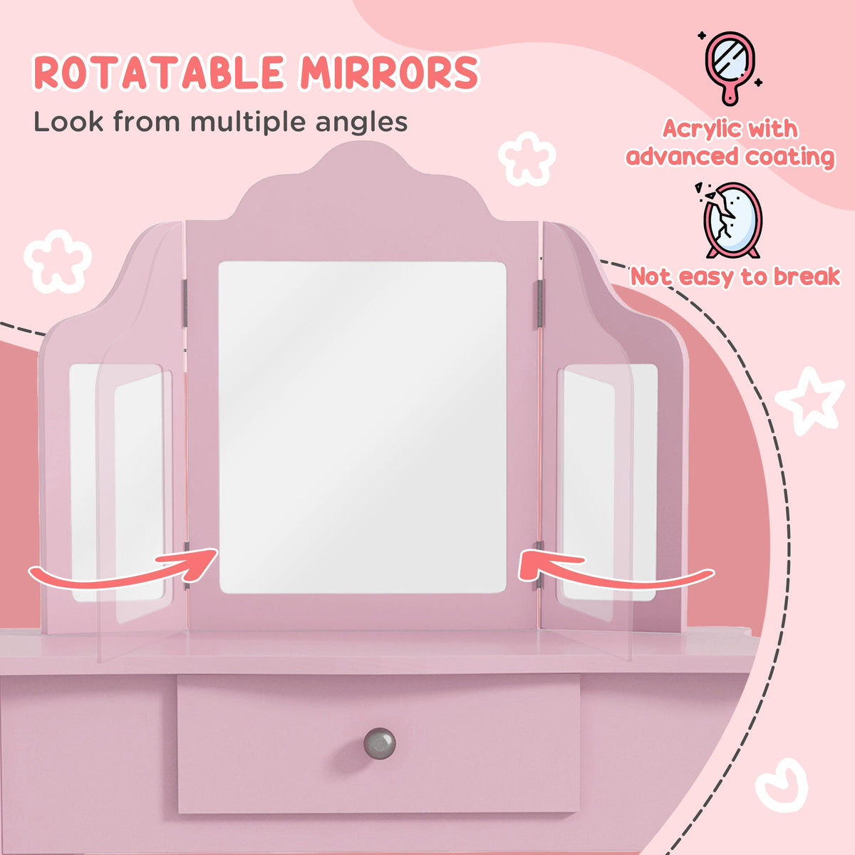 Kids Vanity Table and Stool, Makeup Vanity Girls Dressing Table Set with Tri-folding Mirrors Drawer Star and Heart Pattern, Pink