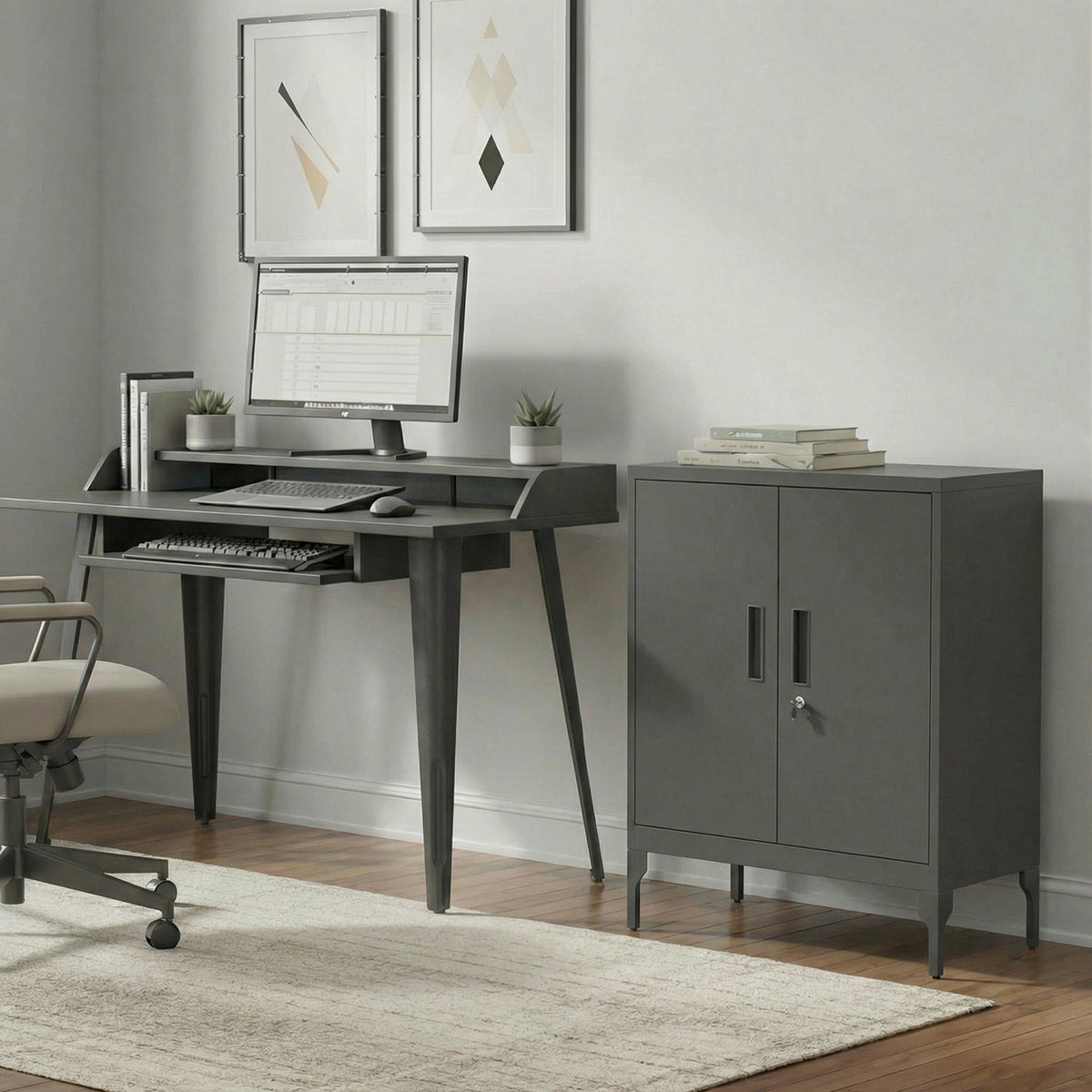 Office Storage Cabinet with Lock, Filing Cabinet with Adjustable Shelves and Doors for Home Office, Garage, Black