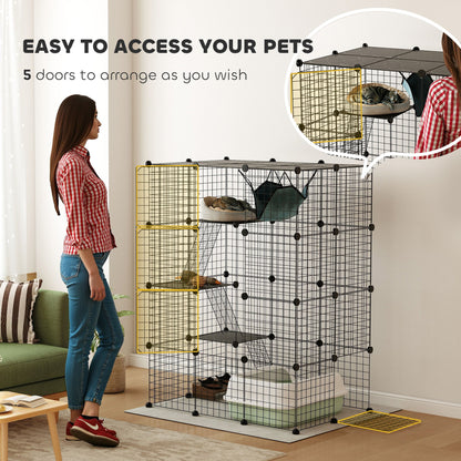 4 Tier DIY Cat Cage Indoor, Catio for 1-3 Cats with Hammock, 5 Doors, 3 Ramps, 3 Jumping Platforms, for 1-3 Cats, Black
