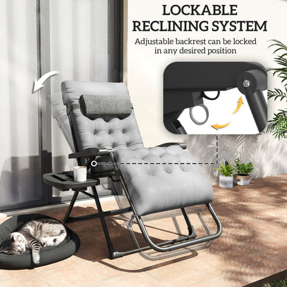 Padded Folding Recliner Chair, Patio Lounger with Cupholder, Adjustable Backrest, Removable Cushion, Black