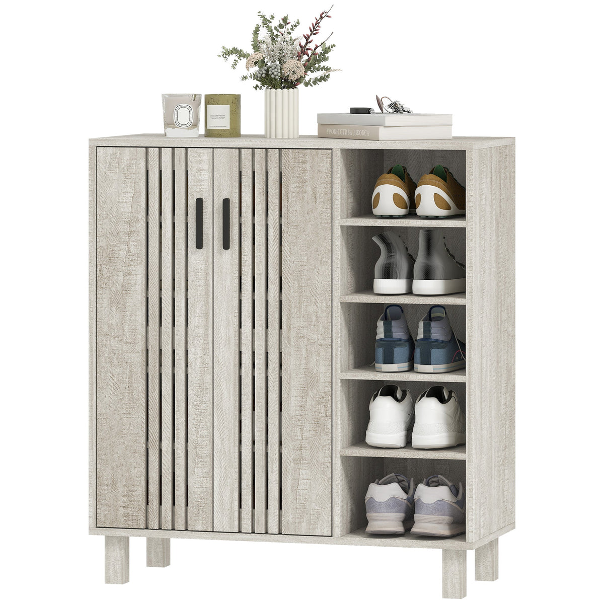 Shoe Storage with Double Doors and Open Shelves 17 Pair Shoe Storage Organizer for Entryway Hallway Black