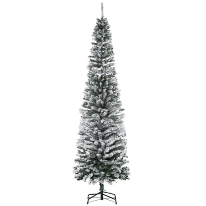 6ft Flocked Christmas Tree, Pencil Christmas Tree with Realistic Branch Tips, Folding Metal Stand, Green