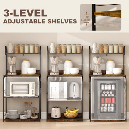 Baker's Rack with Charing Station, Microwave Shelf with Power Outlet, USB Charger and 4 Hooks, Rustic Brown