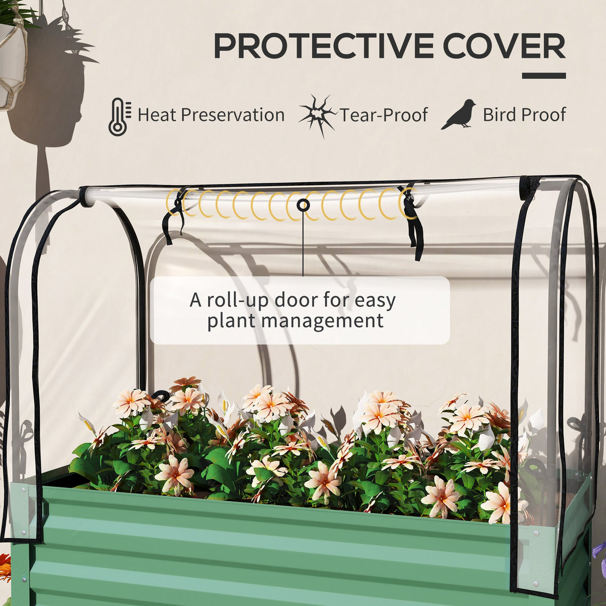 Raised Garden Bed with Cover, Metal Elevated Planter Box with Bottom Shelf and Liner, Black