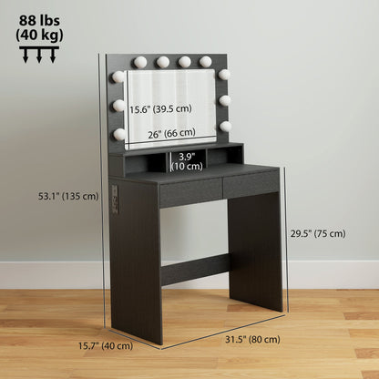 Vanity Table, Makeup Dressing Table with LED Lighting Mirror, Drawers, for Bedroom, Black