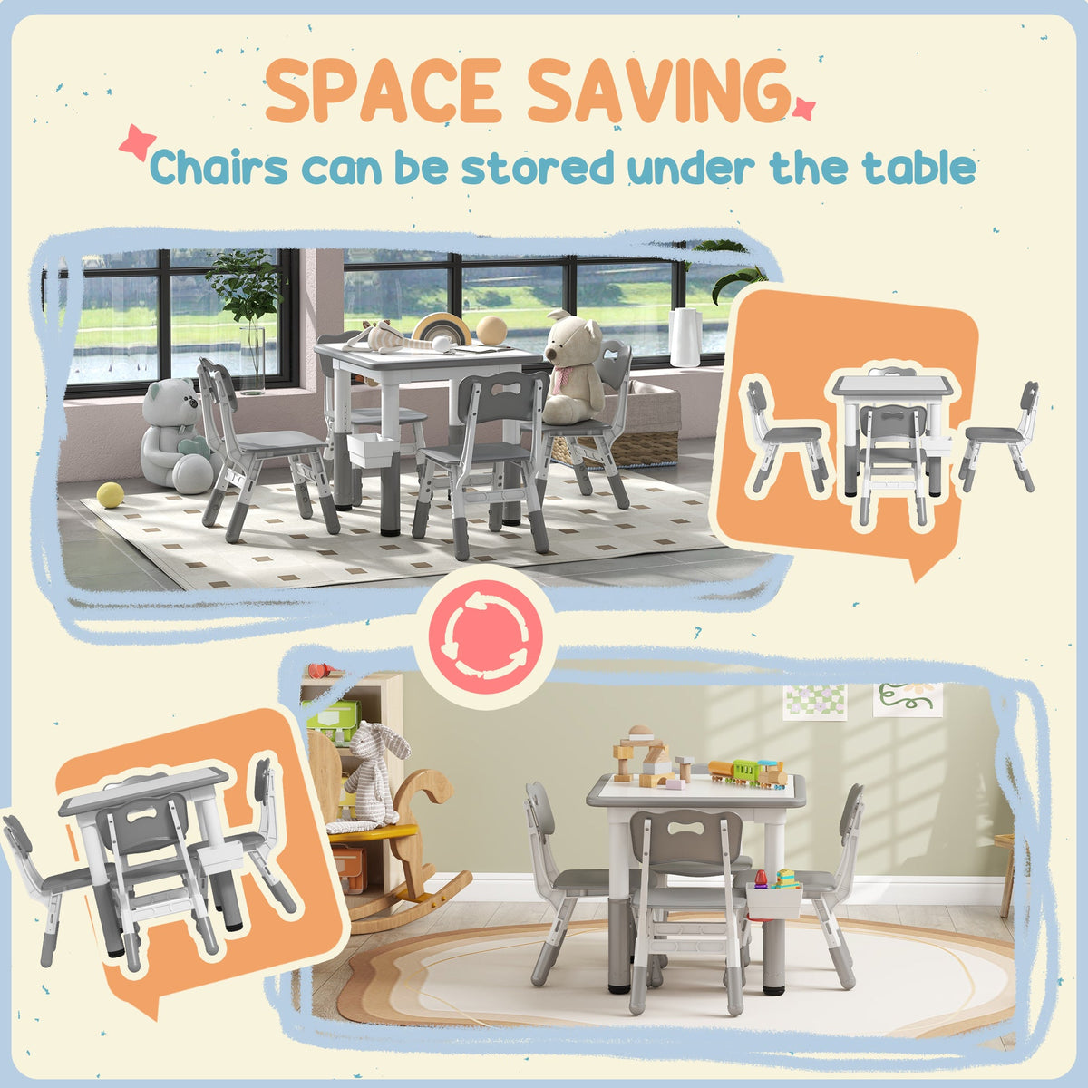 5 Pieces Toddler Table and Chair Set, Height Adjustable Activity Table and Chair Set for Nursery Classroom, Grey