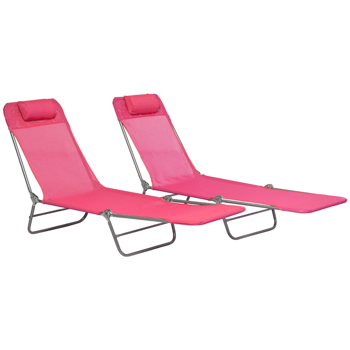 Set of 2 Folding Chaise Lounge Chairs, Outdoor Poolside Sun Tanning Chairs w/ Pillow, Reclining Backrest, Blue