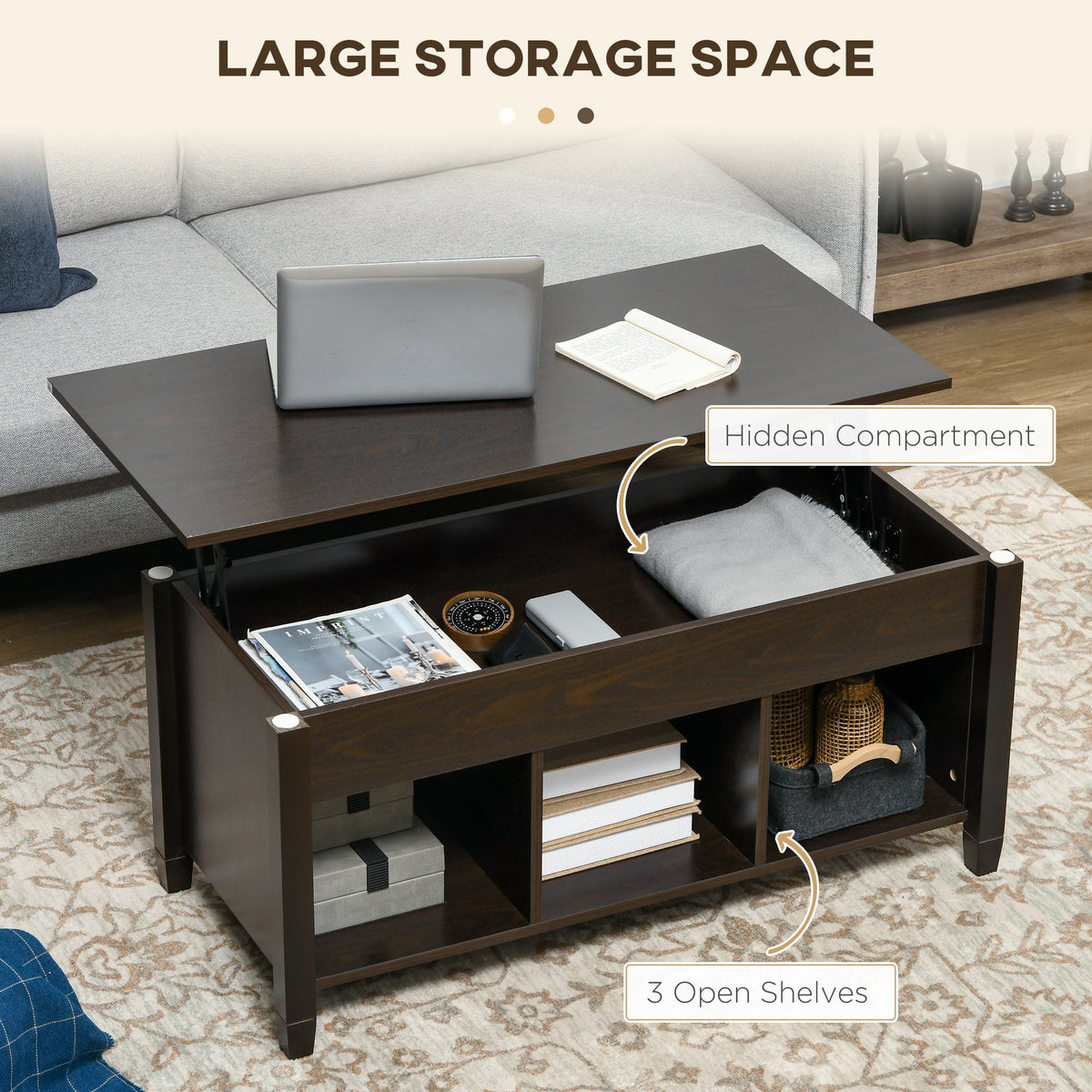 Lift Top Coffee Table, Modern Center Table with Storage Shelves and Hidden Compartment for Living Room, 41" L, Espresso