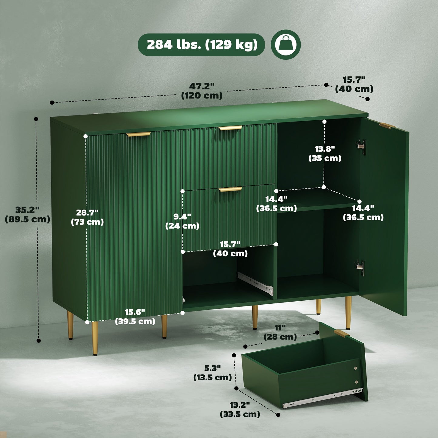 Ellis Modern Kitchen Buffet/Hallway Cabinet with 3 Drawers-Green