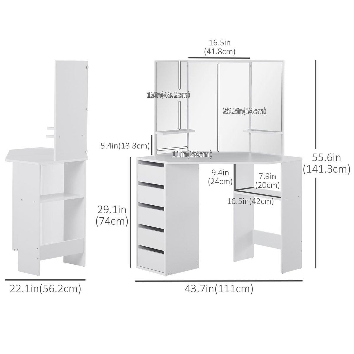 Corner Vanity Desk with Mirror, Makeup Vanity Table with 5 Drawers and Open Shelves, Dressing Table with 3-piece Mirror for Bedroom, Black