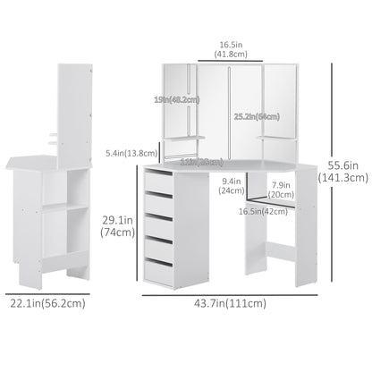 Corner Vanity Desk with Mirror, Makeup Vanity Table with 5 Drawers and Open Shelves, Dressing Table with 3-piece Mirror for Bedroom, Black