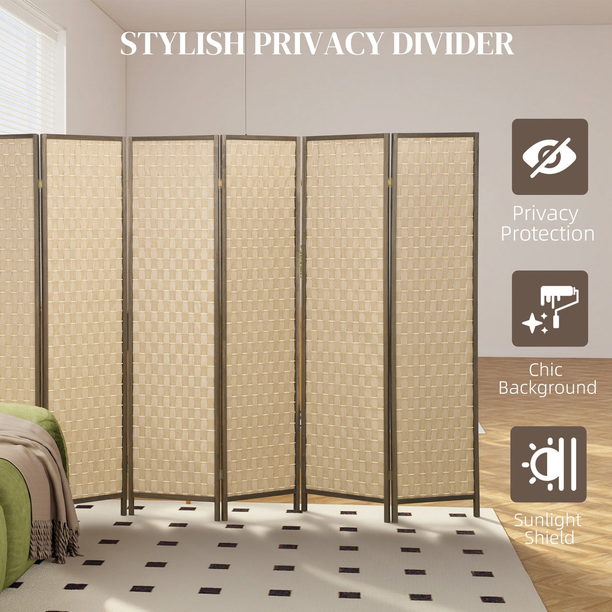 6 FT Room Divider, 4 Panel Folding Privacy Screen, Lightweight Handwoven Freestanding Partition for Home Office, Brown