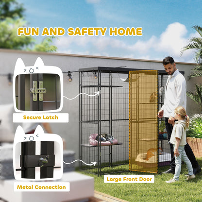 Weld Wire Catio Outdoor Indoor with Waterproof Cover, 4 Jumping Platforms, Hammock, 69" x 22" x 62", Black