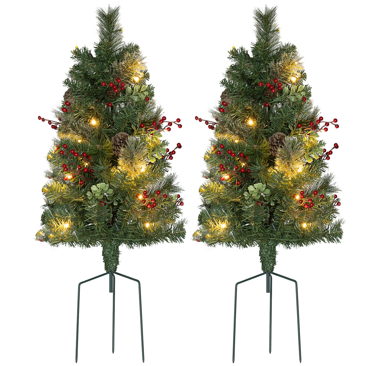 2ft 2 Pack Artificial Christmas Tree, Pre Lit Christmas Tree with Red Berries and Pine Cones, Battery Operated, Green