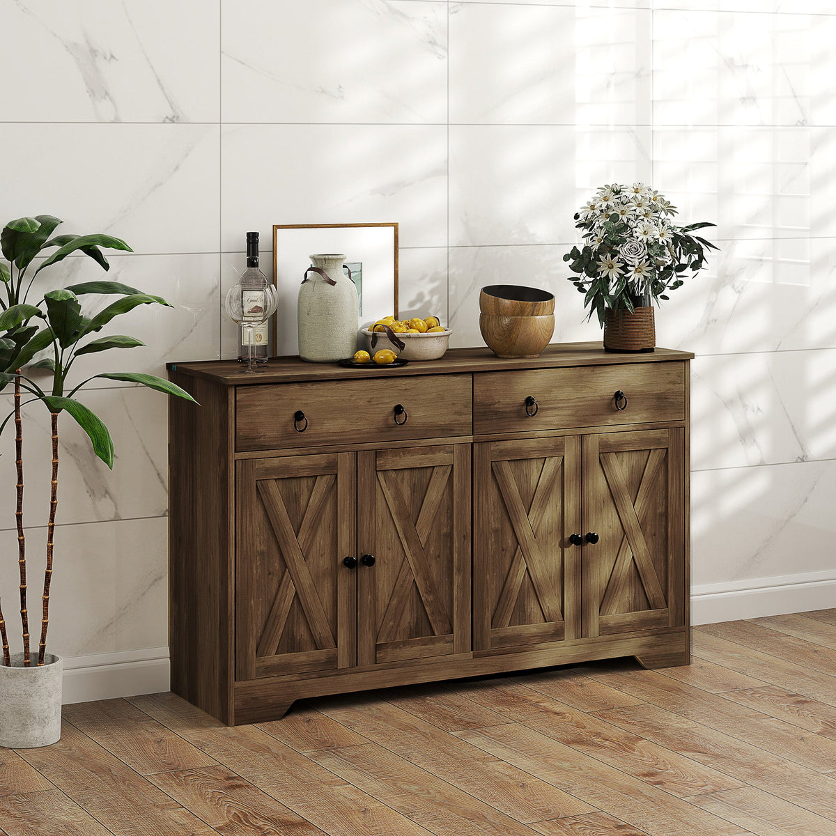 Sideboard Cabinet with 2 Drawers, 4 Barn Doors and 2 Adjustable Shelves, Buffet Table for Living Room, Black