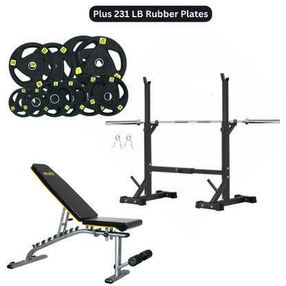 Squat Rack, Bench, Barbell & Weight Plates Stack