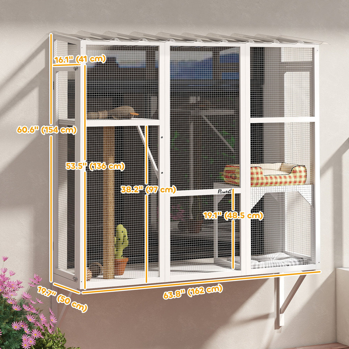 Wooden Catio Outdoor, Cat Window Box Enclosure for 2-3 Large Cats with 2 Jumping Platforms & Scratching Post, Grey