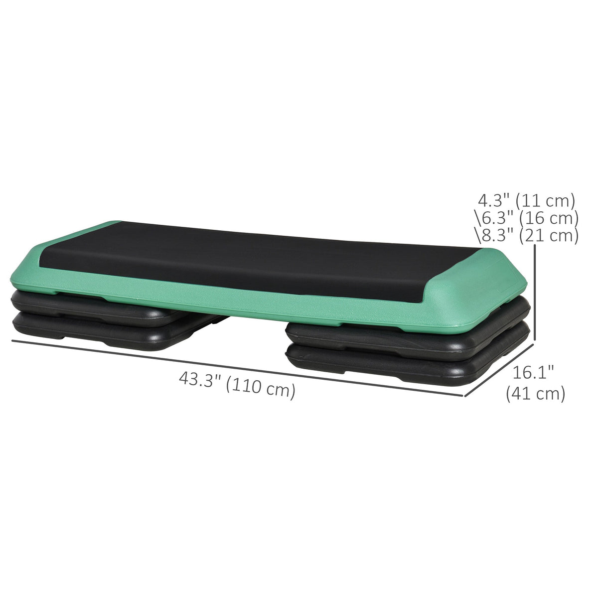43" Adjustable Aerobic Platform Stepper 3 Level with Risers 4” 6” 8” Cardio Fitness Trainer Workout Step Home Gym Exercise, Black Green