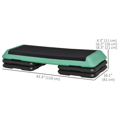 43" Adjustable Aerobic Platform Stepper 3 Level with Risers 4” 6” 8” Cardio Fitness Trainer Workout Step Home Gym Exercise, Black Green