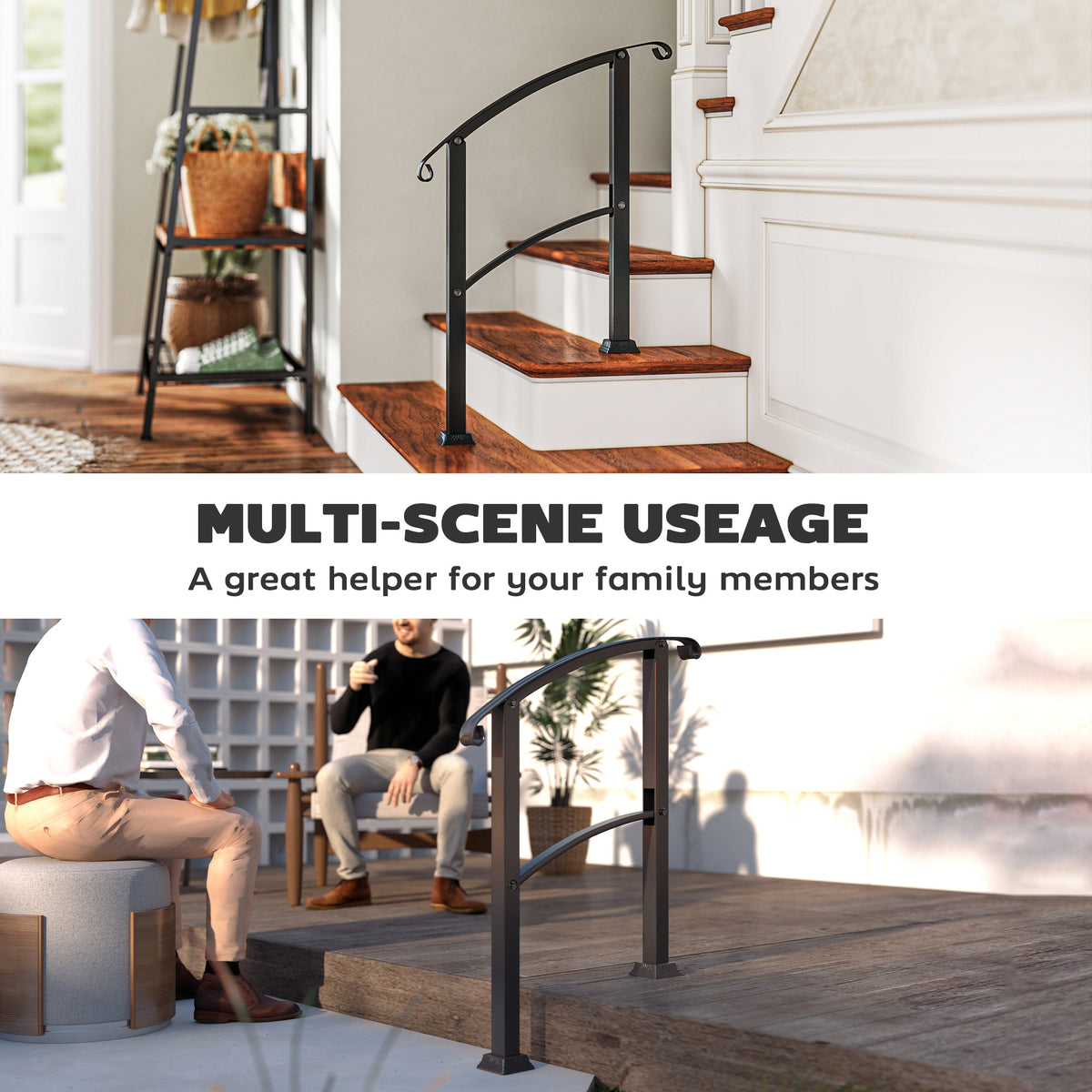 2-3 Step Handrails for Outdoor Steps, Metal Outdoor Stair Railing, Porch Deck Railing with Installation Kit, Black