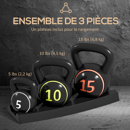 Three-Piece Kettlebell Set Weights with Storage Stand for Home Gym Weight Lifting Training, 5lbs, 10lbs, 15lbs (2.2kg, 4.5kg, 6.8kg)