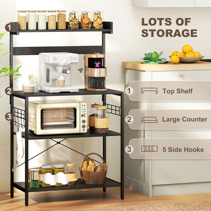 Kitchen Baker's Rack with Power Outlet, Coffee Bar Station with Adjustable Shelves and Hooks, Distressed Grey
