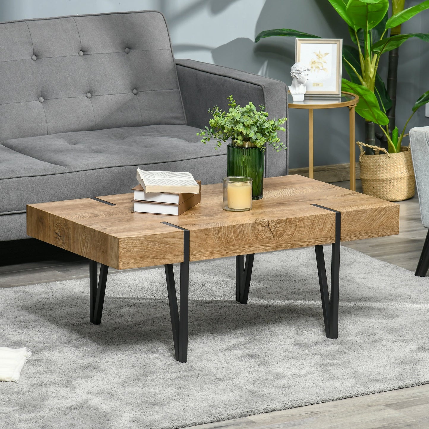Clayton Rustic Coffee Table with Steel Hairpin Legs-Natural Wood