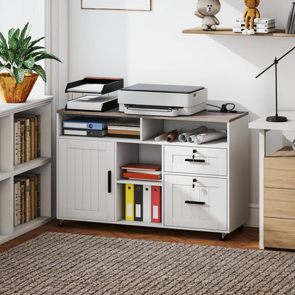 Mobile Printer Stand with Charging Station and USB Ports, Locking Filing Cabinet for A4 and Letter Size, White